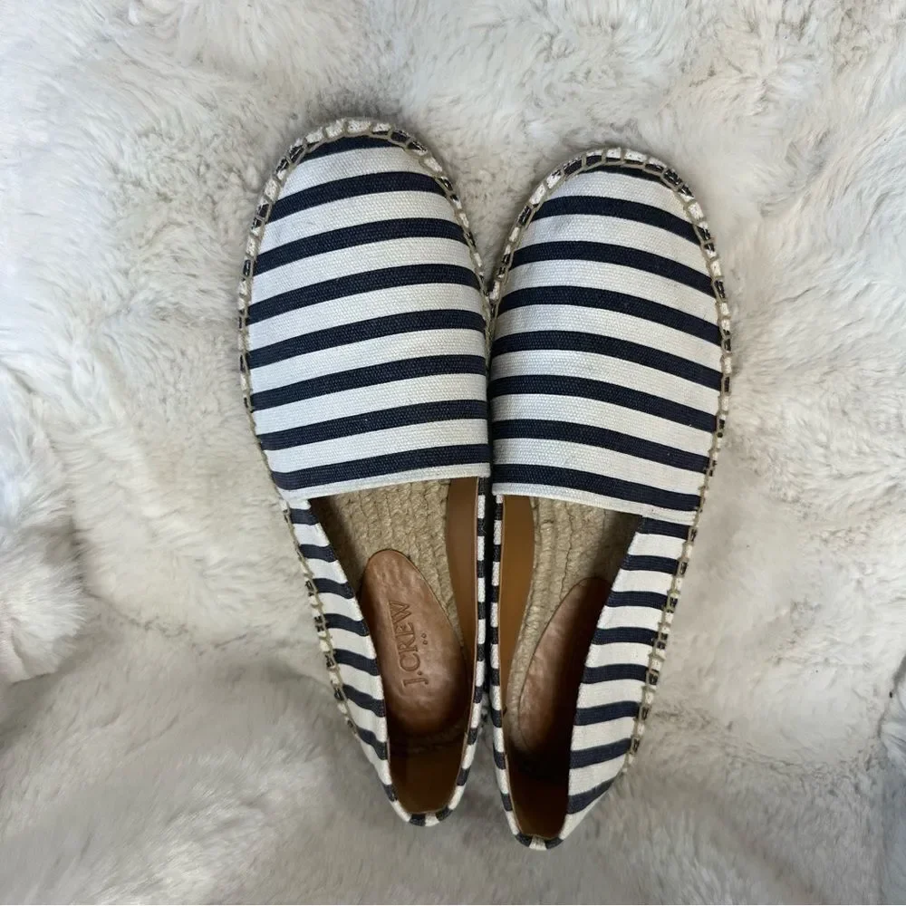 J. Crew Womens Striped Canvas Slip-On Flat Espadrilles Navy White Size 7.5